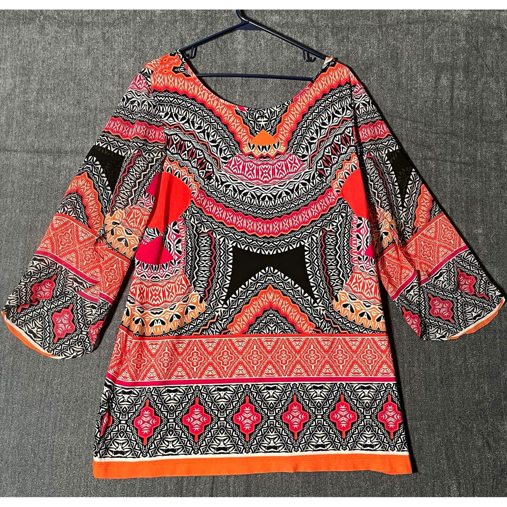 Coco Bianco Women's XL Multicolor Geometric Sheer Chiffon 3/4 Sleeve Blouse